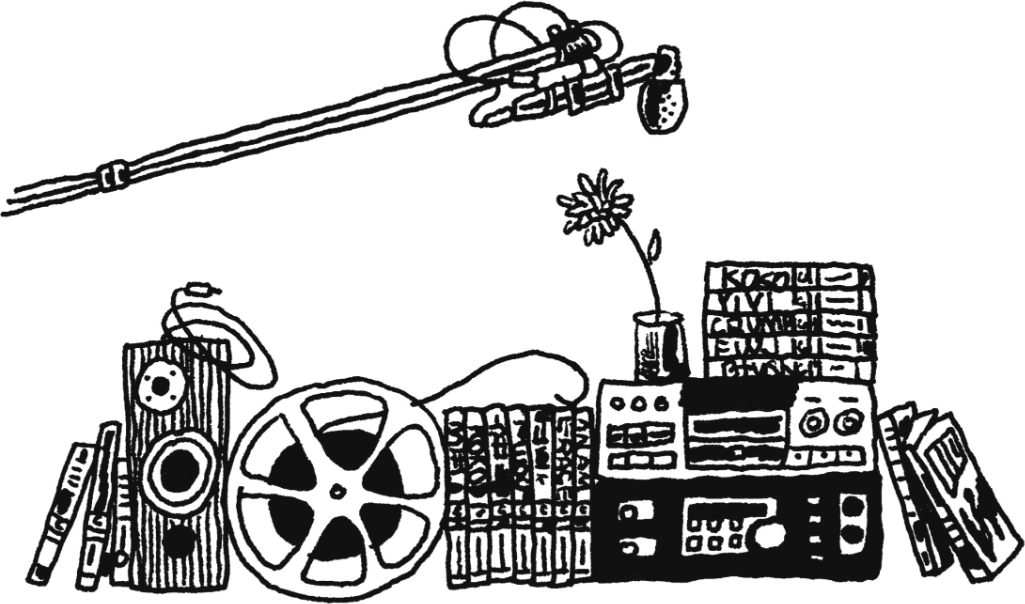 Hand-drawn boom pole, speaker, film reel, books and a recorder